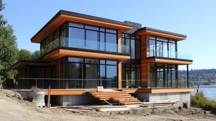 Obraz premium Modern wooden house under construction with large windows overlooking water.