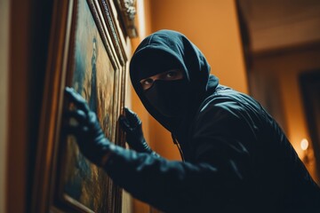A mysterious figure in a black mask approaches a valuable painting. The tense atmosphere is filled with suspense and intrigue. What will happen next. Generative AI