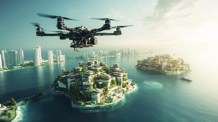 A drone flies over futuristic cityscape, showcasing innovative architecture and lush greenery. scene captures blend of technology and nature, evoking sense of progress and harmony