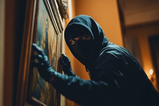 A mysterious figure in a black mask approaches a valuable painting. The tense atmosphere is filled with suspense and intrigue. What will happen next. Generative AI
