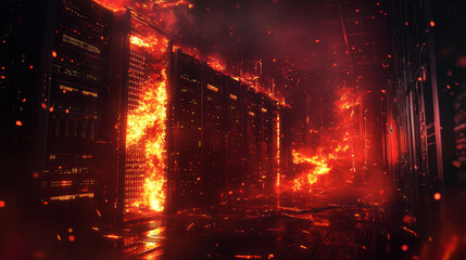A high tech server room engulfed in flames, with cables consumed by fire and glowing embers illuminating dark space. intense heat and chaos create dramatic and alarming scene