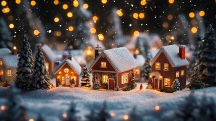 Obraz premium Decorative Christmas Village tiny houses and cozy Lights