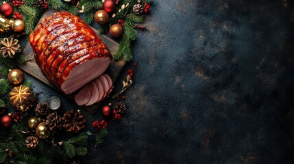 'delicious ham grey table top view space text christmas nner background baked celebration cooked copy cut dinner dish eat eve feast festive flat food fresh glazed epicure holiday homemade ingredient'
