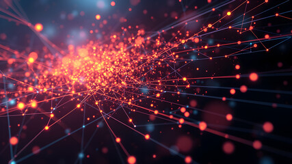 Obraz premium Abstract Glowing Data Particles Floating in a Digital Network of Interconnected Lines and Nodes Symbolizing AI Computation and Data Processing