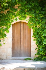 Fototapeta premium A charming wooden door surrounded by lush green vines in a serene garden setting