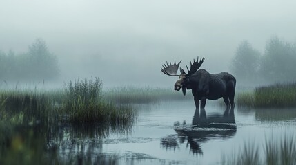 Obraz premium A solitary moose stands in a foggy marsh, its antlers reflecting in the still water.