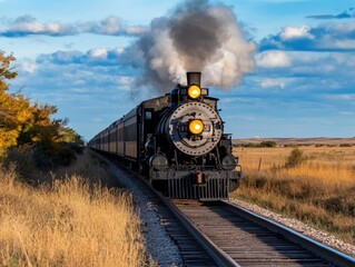 Fototapeta premium A vintage steam train puffs through golden grasslands under a dramatic blue sky at sunset