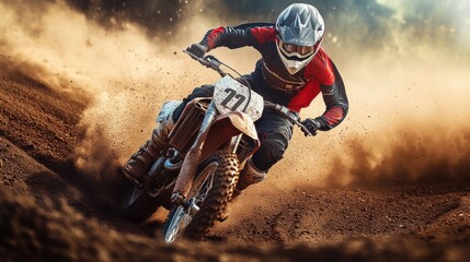 Motocross rider leans into a turn, kicking up a cloud of dust on a dirt track.