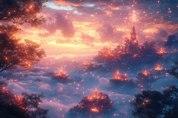 whimsical dreamscape with floating islands candycolored flora and fantastical creatures bathed in soft ethereal light and shimmering magic particles