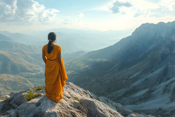 Fototapeta premium Hindu Woman Climbing a Mountain, Experiencing Adventure and Nature