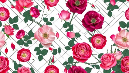 Blush rose petals geometric lines seamless plain white background design