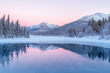Fototapeta premium Serene Frozen Lake Snow Mountain Top at Dawn. Pastel Color Background