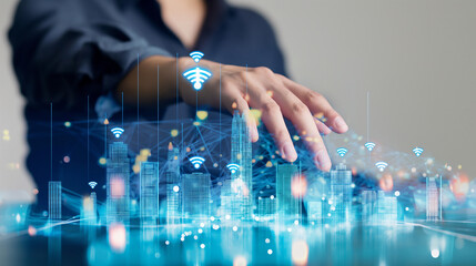 Businessman touching a digital cityscape with smart technology and internet of things icons on a virtual screen, representing a real estate business concept