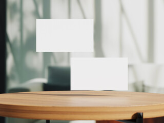 Clean minimal business card mockup on table with office background