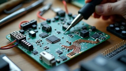 Obraz premium Generative AI, a close up of a computer chip with a pen on top of it and a micro processor in the background, technology, computer graphics, les automatistes 