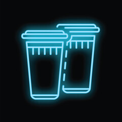 Blue glowing neon sign representing two plastic cups with straws for cold drinks, ideal for bar or restaurant business