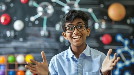 An Indian teenager participating in a school science fair, explaining a project with enthusiasm