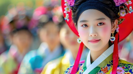 Fototapeta premium A South Korean teenager participating in a traditional cultural event, dressed in colorful attire