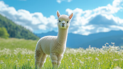 Fototapeta premium Fluffy Alpaca in Idyllic Meadow with Rolling Hills and Bright Blue Sky
