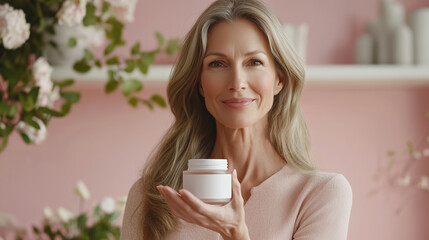 Mature Beautiful Woman Presenting a Skincare Jar with Blank Label Mockup for Cosmetics Branding and Product Promotion