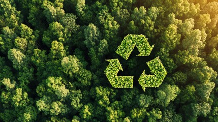 Aerial view of forests with recycling symbol.