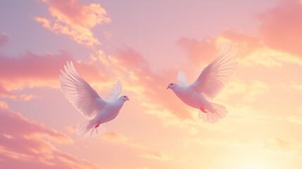 White Doves Gliding Under a Pink and Orange Sunset with Soft Clouds and Warm Tones