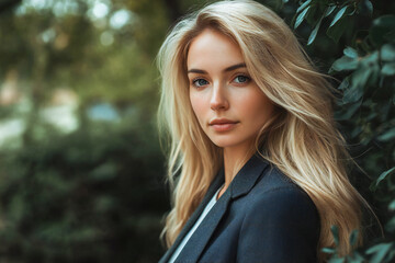Fototapeta premium Portrait of a beautiful blonde European woman in outdoor costume. Business woman waist portrait