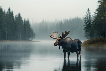 Fototapeta premium Moose Standing in a Calm Lake, Forested Landscape and Wildlife Scene