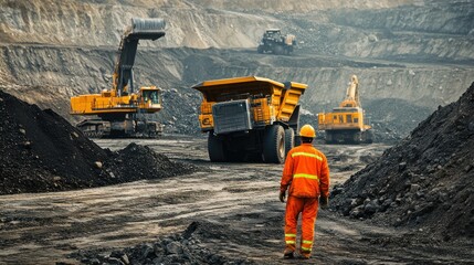 A worker in orange overalls walks past a large yellow dump truck in a coal mine.
