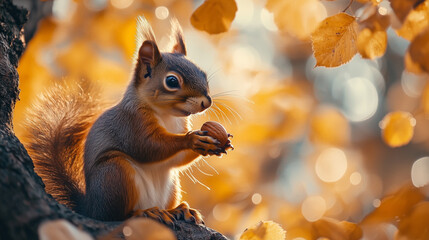 Obraz premium Adorable Red Squirrel Eating Nut on Autumn Tree Branch with Golden Bokeh Background