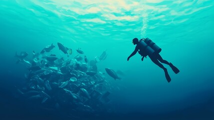 Diver Exploring a School of Fish Underwater