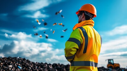 Worker in safety gear at a waste site