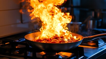 A vibrant kitchen scene showcasing a pan engulfed in flames, capturing the dynamic essence of cooking and culinary excitement.