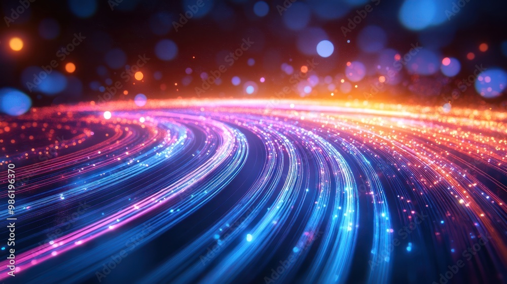 Sticker abstract background of blue and pink glowing lines with bokeh.