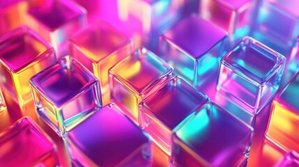 Abstract 3d background wallpaper with glass squares with colorful light emitter iridescent neon holographic gradient. Design visual element for banner header poster or cover.
