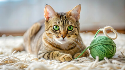 Playful tabby cat with green eyes playing with a ball of yarn on a cozy rug, Cute, feline, pet, domestic, animal, fluffy