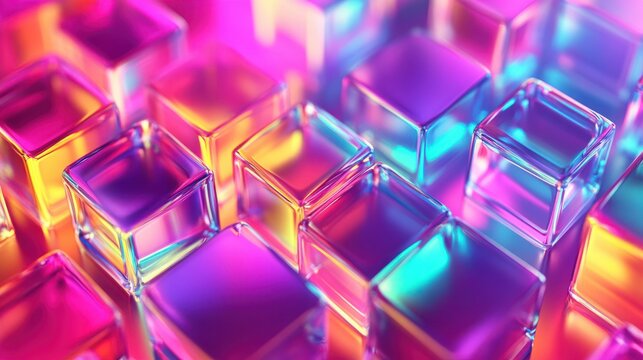 Abstract 3d background wallpaper with glass squares with colorful light emitter iridescent neon holographic gradient. Design visual element for banner header poster or cover.