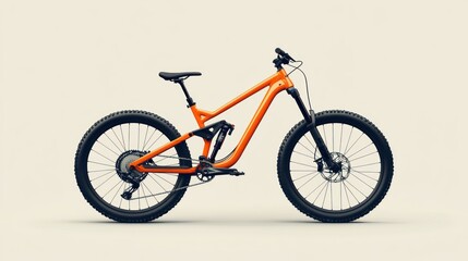 Obraz premium Orange mountain bike with suspension fork and black wheels on a white background.