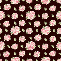 Roses flowers and buds pink with green leaves. Seamless pattern on dark background. Hand drawn watercolor illustration. Garden plant. Natural floral template for cover, wrapping, scrapbooking, textile