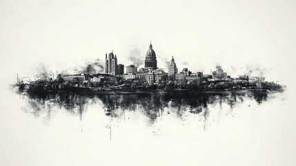 Fototapeta premium Davenport, Iowa, black and white pen pencil hand-drawn effect drawing illustration for travel poster, card, wallpaper, backdrop or banner. Modern, clear, artistic and simple