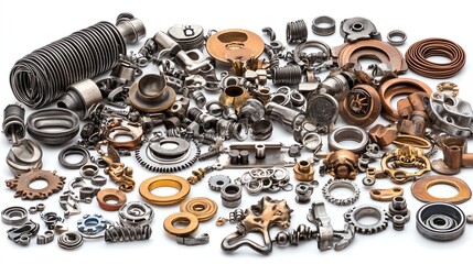 Assorted mechanical metal components, detailed view