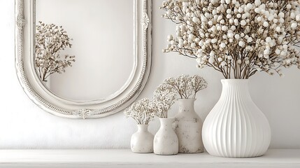 White vases with dried flowers stand beside an ornate mirror on a sleek white shelf, a blend of elegance and simplicity.
