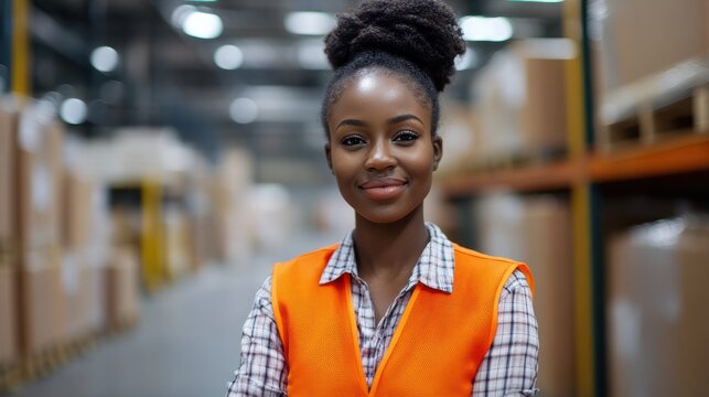 African Woman in orange vest in logistics center, horizontal banner. Smiling portrait, copy space, job offer.