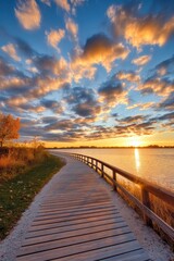 Fototapeta premium A serene sunset stroll along the wooden boardwalk by the shimmering lake in autumn