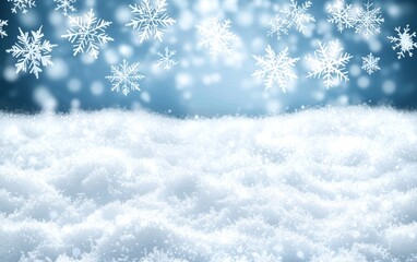 Close-up of intricate snowflakes falling over a soft, snowy ground under a bright, wintry sky.