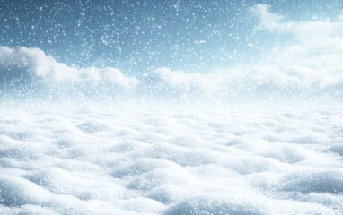 Obraz premium Vast snowy landscape with gently rolling snow hills under a cloudy sky, with snowflakes softly falling, creating a calm winter scene.