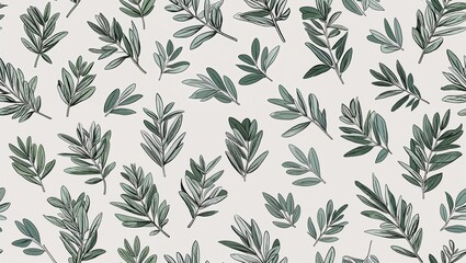 Sage olive leaves fine sketch seamless plain white background design