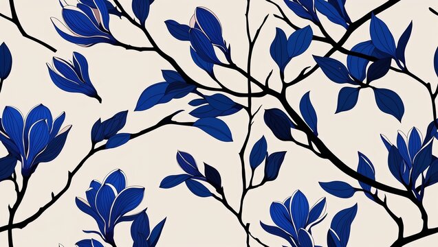 Sapphire magnolias bold lines seamless plain white background design