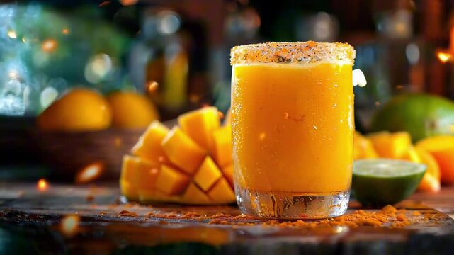 Mangonada Mexican Cocktail. Mango Smoothie Margarita with Chamoy, Lime, and Chili. Latin American Cuisine