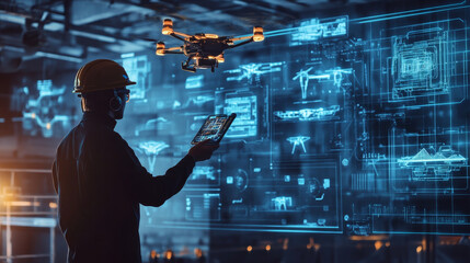 A civil engineer is controlling drone while analyzing digital blueprints and designs in high tech environment. scene captures integration of technology and engineering